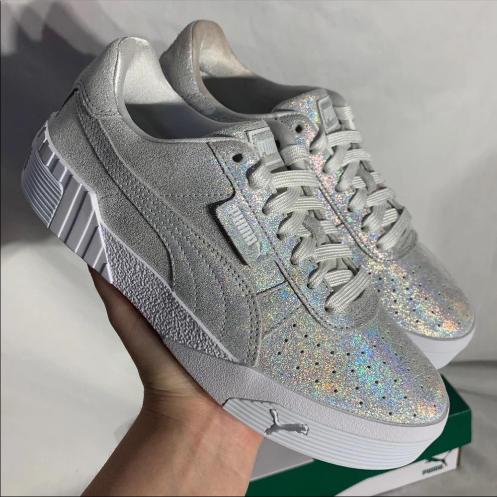 Puma Cali Shimmer Holographic Rainbow Glitter Silver White Shoes Womans NWB - Picture 3 of 7